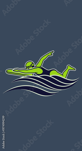 Dynamic Swimmer Silhouette Gracefully Gliding Through Stylized Water Waves