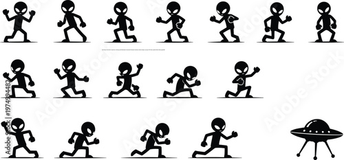 Stick figure animation sequence, running cycle illustration, humanoid character artwork, motion design concept, UFO alien symbol, black white graphic