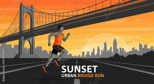 Dynamic Urban Runner Across a Majestic Bridge At Sunset