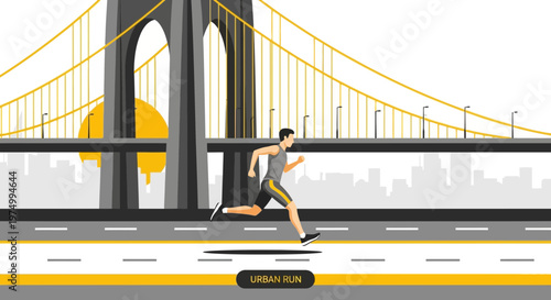 Dynamic Urban Runner Across a Modern Suspension Bridge Backdrop