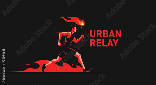 Dynamic Urban Runner Carries Flaming Torch Across Cityscape Symbolizing Progress