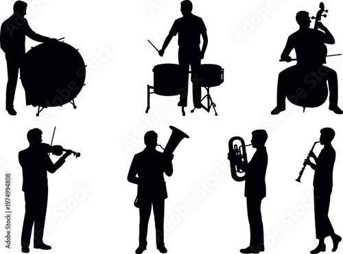 Musician silhouette set with orchestra instruments including drum, violin, cello, tuba and saxophone players isolated on white background