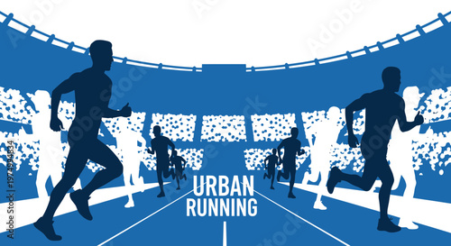 Dynamic Urban Running Competition Silhouette illustration with stadium crowd