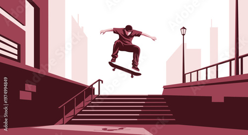 Dynamic Urban Skateboarder Executes Mid-Air Jump Over City Stairs