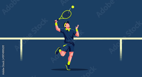 Dynamic Tennis Player In Action Serving On Court