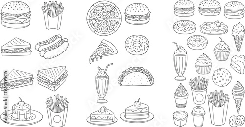Hand Drawn Fast Food and Dessert Doodle Icon Set with Burgers, Pizza, Fries, Sandwiches, Ice Cream, Donuts, and Shakes Vector Collection