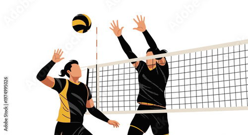 Dynamic Volleyball Match Action Illustration Featuring Athletes Competing Over Net