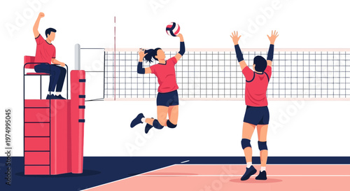 Dynamic Volleyball Match Action With Officials And Players In Playful Style