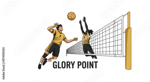 Dynamic Volleyball Match Illustrating A Spike And A Block