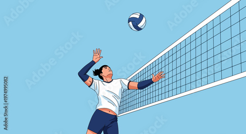 Dynamic Volleyball Player Captures Intense Game Action Against Bright Sky Background