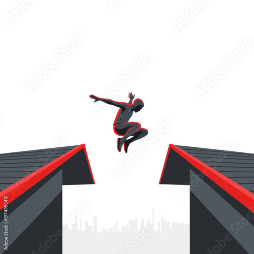 Dynamic Urban Athlete Leaping Between Rooftops Cityscape Silhouette Background Bold Red Accents