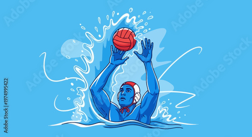 Dynamic Water Polo Player Action Splash Water Sport Illustration