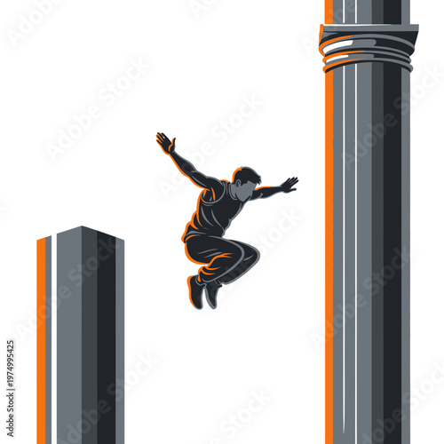 Dynamic Urban Athlete Leaping Between Modern City Structures
