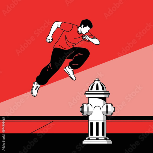 Dynamic Urban Athlete Leaping Over Hydrant Dynamic Action Silhouette