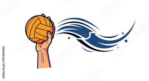 Dynamic Volleyball Serve Graphic Illustration With Swirling Blue Waves