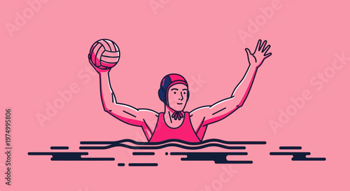 Dynamic Water Polo Player Illustration With Ball Held High