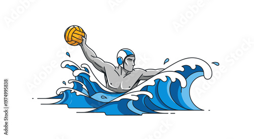 Dynamic Water Polo Athlete Captures Ball Amidst Crashing Waves