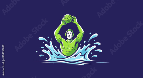 Dynamic Water Polo Athlete Holding Ball Above Water Splash Action Illustration