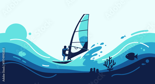 Dynamic Wind Surfer Riding Turquoise Waves Beneath a Pale Sky