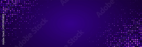 Abstract tech pixel frame. Finance grid. Digital bg. Glowing purple squares on dark background. Business bg. Blue mosaic. Futuristic, tech-style template. Vector Illustration