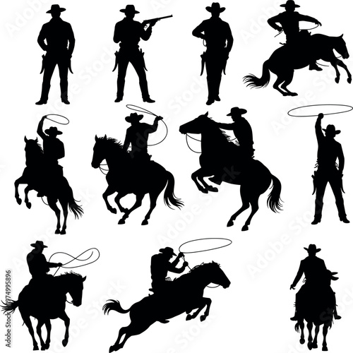 Western cowboy silhouette set with horse riding, rodeo action, lasso tricks, ranch lifestyle, wild west figures isolated on white background