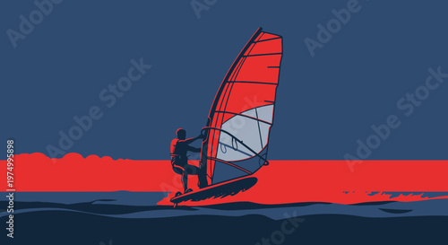 Dynamic Wind Surfer Riding Waves Against Dramatic Horizon