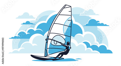 Dynamic Wind Surfing Action Against Stylized Cloudy Sky Graphic Art