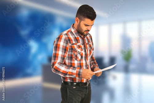 Man stands in modern office space, focused on paper