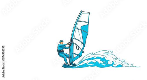 Dynamic Wind Surfing Action In Blue Water And White Sail Exciting