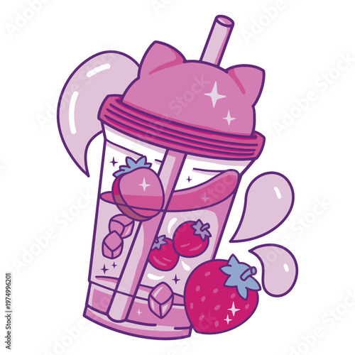 Pink cup with strawberries in it