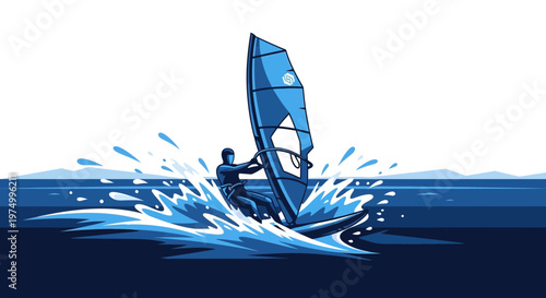 Dynamic Wind Surfing Action Silhouette Illustration On Blue Waters