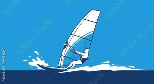 Dynamic Wind Surfing Graphic Illustration On Vibrant Blue Background