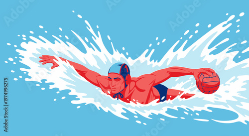Dynamic Water Polo Player Splashing Through Blue Water Action