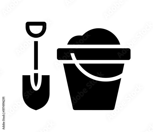 Vector of a shovel and a bucket filled with soil for construction work.