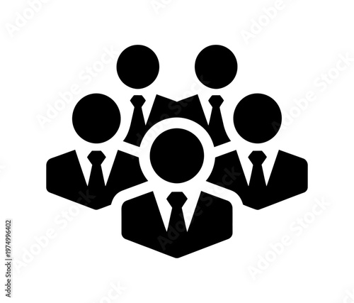Minimalist vector icon showing a team of five business professionals in a collaborative circle