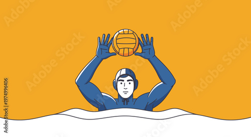 Dynamic Water Polo Player With Ball Over Bright Orange Background