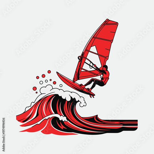 Dynamic Windsurfer Carving A Vibrant Red Wave During A Thrilling Ocean Adventure