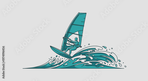 Dynamic Windsurfer Carving Through Teal Waves Artistic Representation