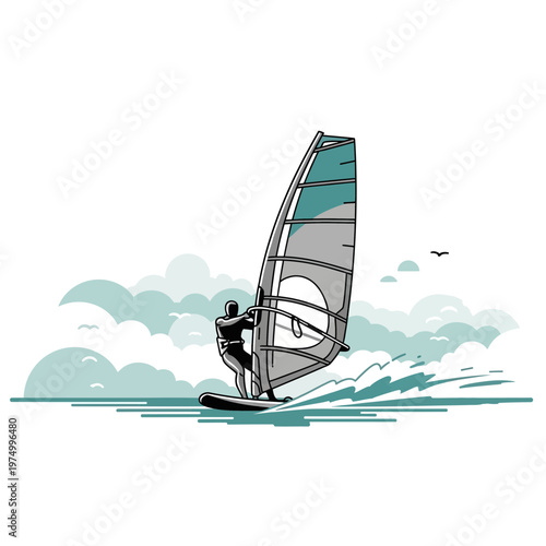 Dynamic Windsurfing Action Amidst Coastal Clouds and Ocean Spray