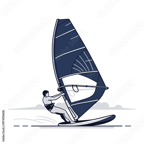 Dynamic Windsurfer Gliding On Water Surface With Full Sail