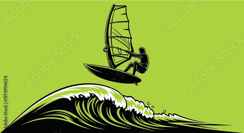 Dynamic Windsurfer Gliding Over A Crashing Wave Illustration
