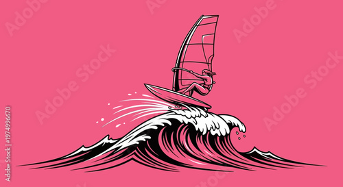 Dynamic Windsurfer Rides A Thrilling Wave Against A Vibrant Pink Backdrop