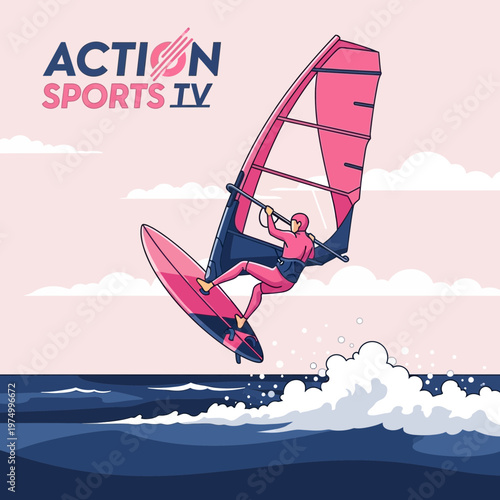 Dynamic Windsurfing Action Extreme Sport Performance On Water