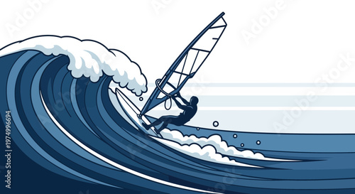 Dynamic Windsurfer Rides Gigantic Ocean Wave Under Bright Sky