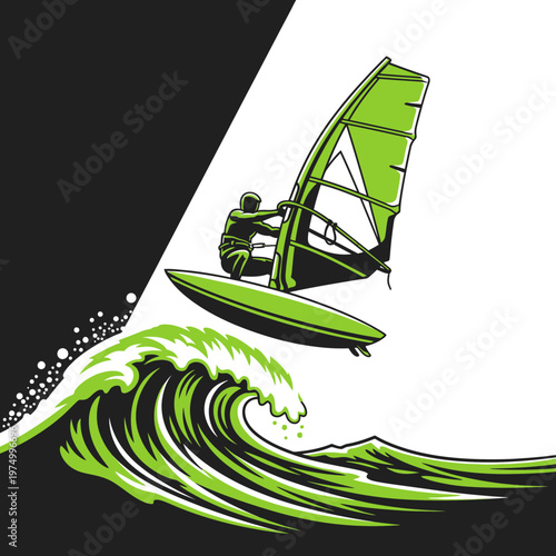 Dynamic Windsurfer Riding A Big Wave Action Sport Illustration