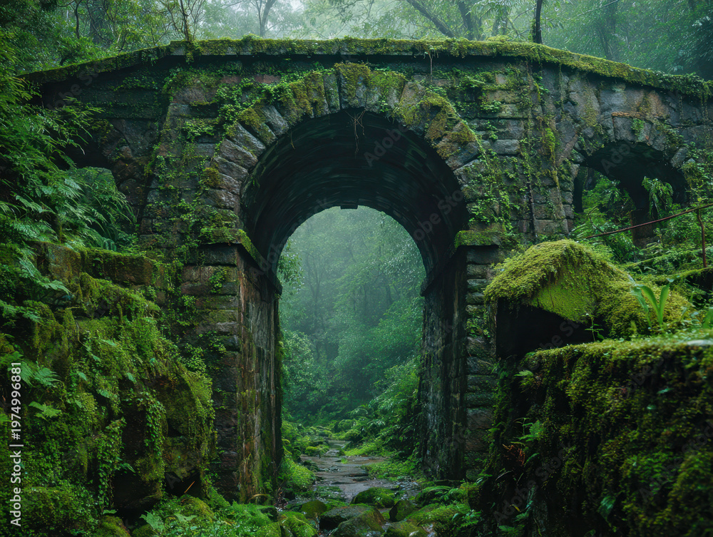 Obraz premium Ancient stone archway covered in vibrant moss and surrounded by lush green forest vegetation creating a mysterious enchanting pathway through the wilderness