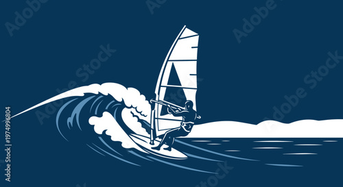 Dynamic Windsurfer Riding a Powerful Wave Against Blue Sky