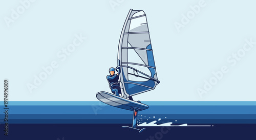 Dynamic Wind foiling Athlete Riding Waves Under Clear Skies