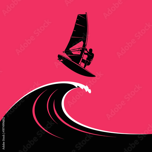 Dynamic Wind Surfer Catching A Wave In Silhouette Against Bright Background