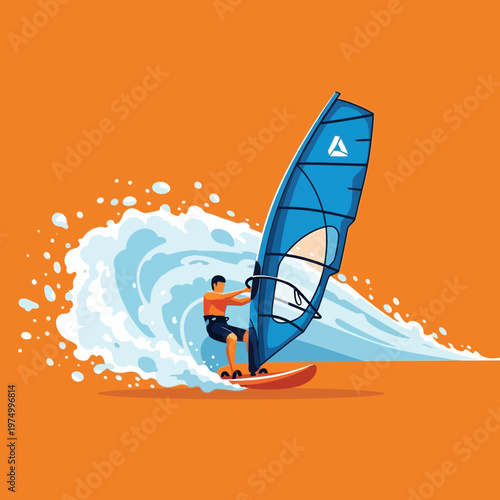 Dynamic Windsurfer Riding A Raging Ocean Wave With A Bright Blue Sail